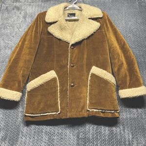 VTG Corduroy Sherpa Lined Coat Men‎ 38 Brown Tan 70s Ranch Cowboy Shanhouse